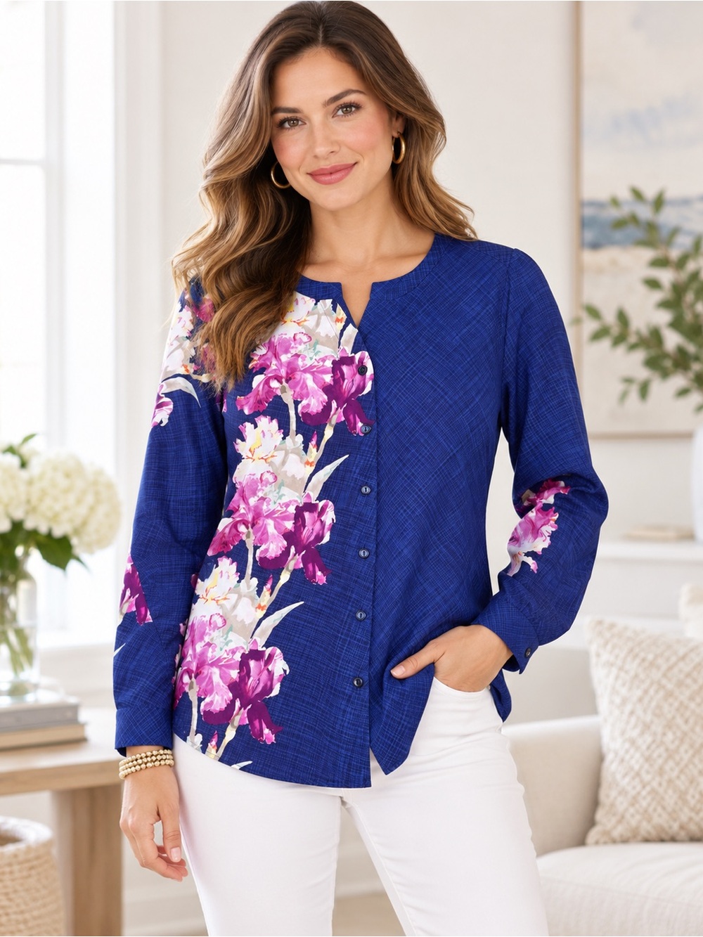 Chico's Floral Long Sleeve Asymmetrical Button Front Blouse - 1 (Medium)